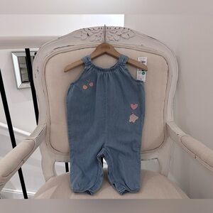 🤍 6 Mth Chambray Denim Embroidered Fruit & Hearts Baby Jumpsuit Romper NWT